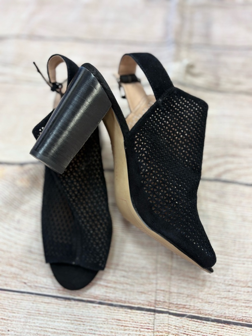 Tahari Black Perforated Slingback Block Heels